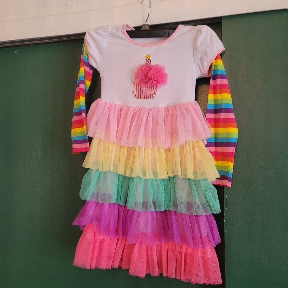 Desert Cart Cupcake Birthday Rainbow bright Ruffle Dress Size 10